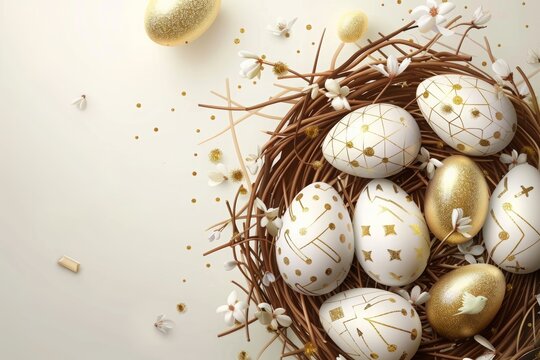 Happy Easter banner in a modern design for a social media post template. Realistic golden easter illustration. Happy Easter day vector background with golden striped eggs in a nest and space for text