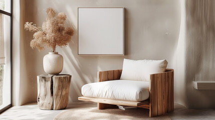 Fototapeta na wymiar A minimalist modern wooden armchair with white cushions and an empty square white frame on beige wall, 
