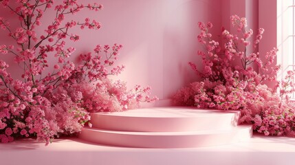 Elegant podium with floral rose theme, pink 3D spring beauty display, luxurious garden and summer flower background AI Generative - obrazy, fototapety, plakaty