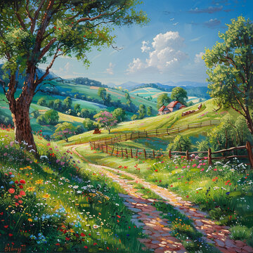 Bright sunny day illuminating a scenic rural setting with vibrant flora and peaceful green fields