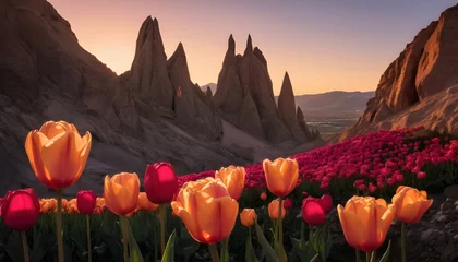 Fotobehang A surrealistic scene of oversized tulips and roses growing amidst rocky hills, illuminated by the otherworldly glow of a setting sun. © Muhammad
