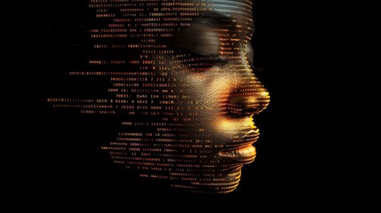 face composed of binary computer code, black background, AI Generative