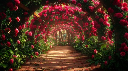 Enchanted fairytale garden, secret pathways under flower arches, vibrant greenery, a digital...