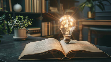 An open book with a light bulb resting on its pages, symbolizing knowledge, creativity, and inspiration - obrazy, fototapety, plakaty