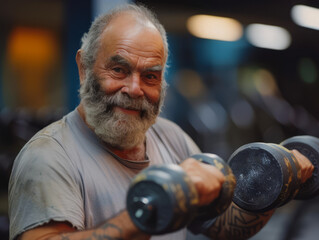 elderly man with a beard is training with dumbbells in the gym, wearing a t-shirt or tank top for training, smiling broadly at the camera, healthy lifestyle, active seniors, portret - obrazy, fototapety, plakaty