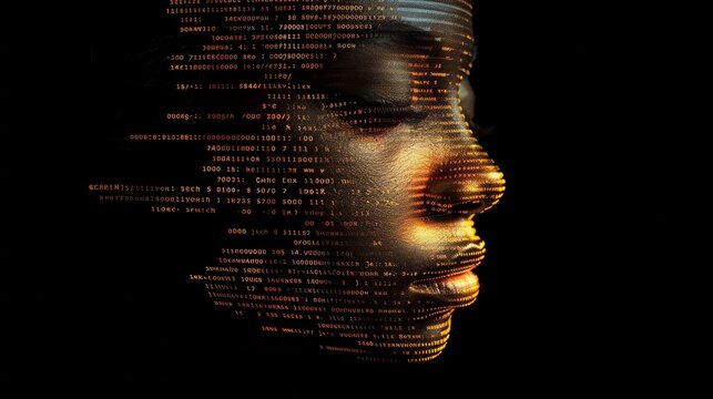 face composed of binary computer code, black background, AI Generative