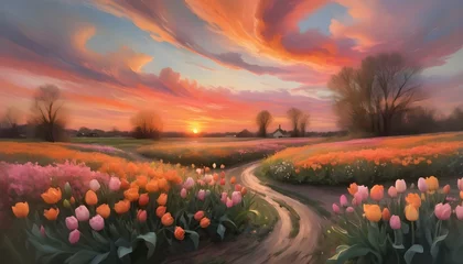 Foto auf Glas An impressionistic portrayal of a sunset, with swirling clouds of orange and pink hovering over a field of wildflowers, including tulips and roses. © Muhammad