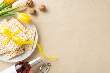 Celebration of Passover arrangement: Top-view image showcasing matzah with ribbon, a bottle of red...