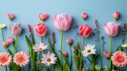 Flat lay creative illustration of fresh field Spring flowers arranged on a pastel blue background. This concept captures the essence of springtime with beautiful pink blooms, AI Generative