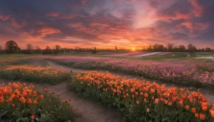Deurstickers An impressionistic portrayal of a sunset, with swirling clouds of orange and pink hovering over a field of wildflowers, including tulips and roses. © Muhammad