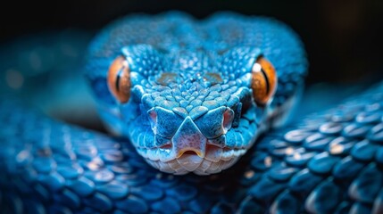 icy blue viper snake, mesmerizing eyes, detailed texture of scales, close-up on face, in dark, mysterious setting, atmospheric, haunting mood, spotlight effect, AI Generative - obrazy, fototapety, plakaty