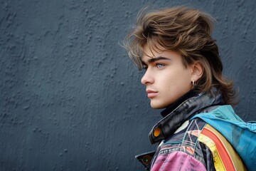 Man with 80s style clothes and mullet haircut, nostalgia concept. - obrazy, fototapety, plakaty