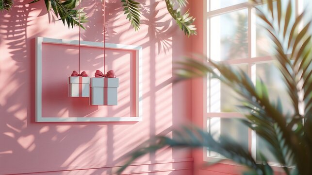 Hanging gift boxes, 3D rendered frame border on red, shadowed minimalism, a conceptual showcase of festive elegance, AI Generative