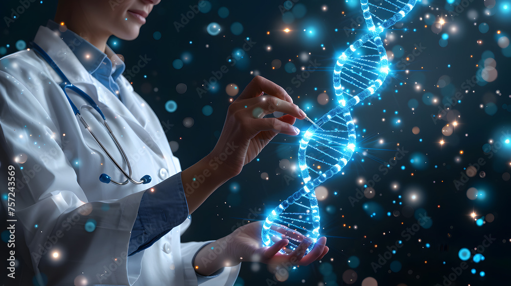 Wall mural healthcare professional touching a glowing dna helix in a conceptual digital illustration, represent