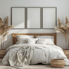 Mockup photo frame in bedroom white shade,scandinavian style 
