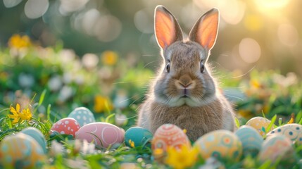 Fototapeta na wymiar Joyful Easter Bunny surrounded by vibrant eggs, tranquil beach dawn, festive and peaceful, AI Generative