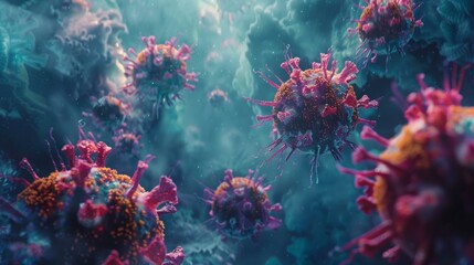 Macro details of red-blue virus bacteria, COVID-19 concept, AI Generative - obrazy, fototapety, plakaty