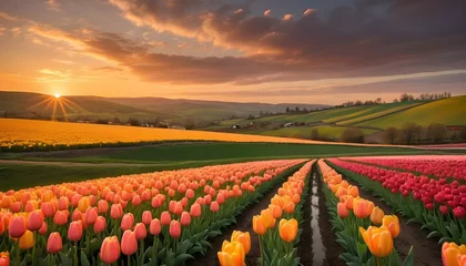 Gordijnen A vibrant field of tulips dancing in the golden glow of a sunset, with rolling hills in the background. © Muhammad