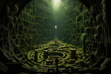Lone man is standing in a tunnel with a maze in the middle, looking around in contemplation of how to navigate through the intricate paths - obrazy, fototapety, plakaty