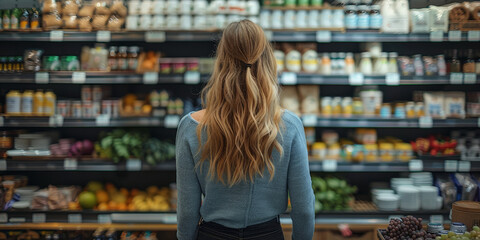 a  woman in the supermarket looking at shelves filled with food and drinks - obrazy, fototapety, plakaty