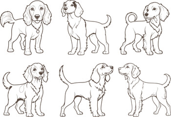Dog set hand drawn coloring page and outline vector design