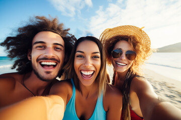 Group of friends having fun on beach, multiracial or diverse friends on vacation, Smiling people taking selfie on tropical island