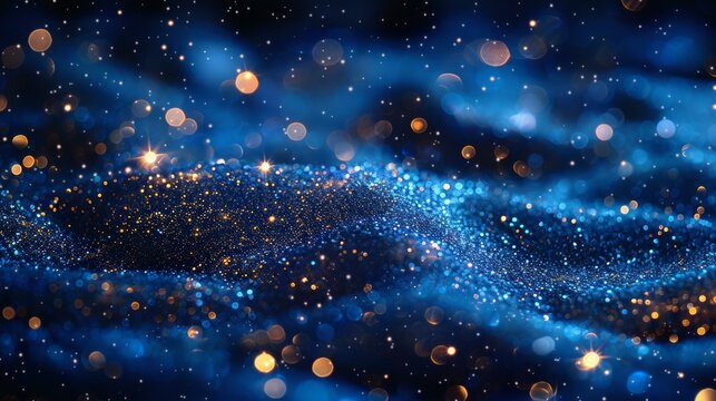 Luxurious blue backdrop, gold glitter bokeh sparkles, perfect for celebration themes like Christmas, New Year, and birthdays, essence of party elegance, AI Generative