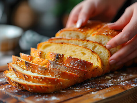 Close-up of hand slicing gluten-free bread on a wooden cutting board. Healthy eating and dietary choice concept. Design for bakery advertisement, food blog, and nutrition guide. Rustic kitchen setting