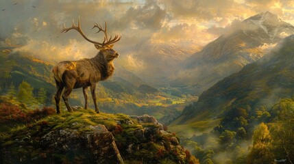 Majestic stag in the misty Highlands, Monarch Of The Glen, proud stance atop a verdant hill, dawn's first light breaking, ethereal, ancient landscape backdrop, vibrant, AI Generative