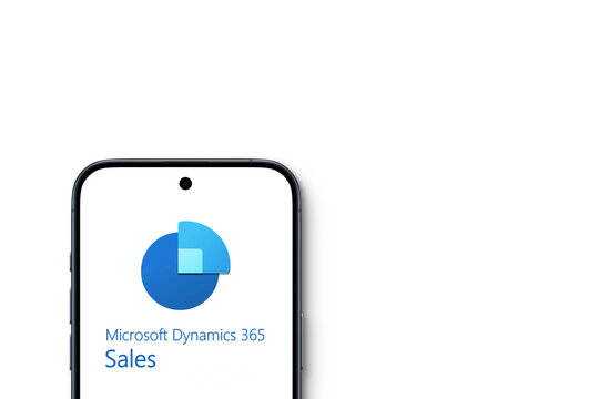 Microsoft Dynamics 365 Sales Logo is displayed on a modern smartphone, business, artificial intelligence, resource planning, management