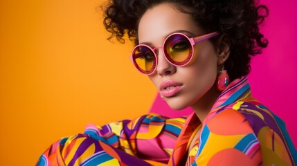 studio photoshoot of a full body classy woman model wearing colorful street wear and sunglasses inspired, AI Generative