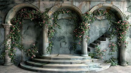 Secret garden fantasy, flower arches and lush greenery create a fairytale setting, a beautiful digital printing background,, AI Generative - obrazy, fototapety, plakaty