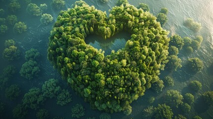 Top view of several trees forming a heart, Earth Day, environmental preservation.