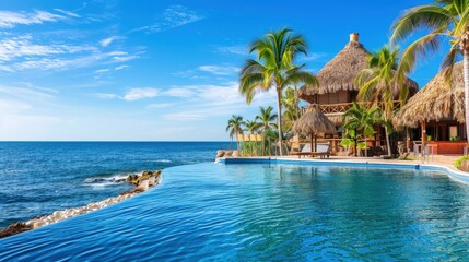 Tropical resort on a paradisiacal island with thatched bungalows. - obrazy, fototapety, plakaty