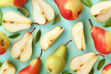 Colorful pattern of fresh ripe whole and sliced pears