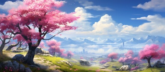 An artistic depiction of a natural landscape featuring pink trees, majestic mountains in the background, green grass, and fluffy cumulus clouds in the sky