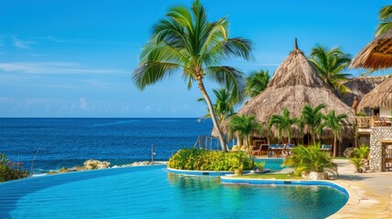 Tropical resort on a paradisiacal island with thatched bungalows. - obrazy, fototapety, plakaty