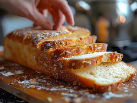 Close-up of hand slicing gluten-free bread on a wooden cutting board. Healthy eating and dietary choice concept. Design for bakery advertisement, food blog, and nutrition guide. Rustic kitchen setting