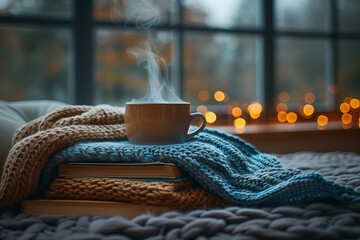 Warm coffee on books in cozy winter setting