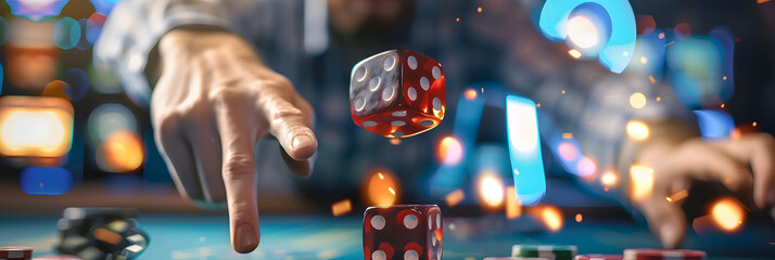 man at a casino table throwing dice, with blurred background - obrazy, fototapety, plakaty