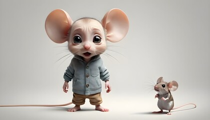 A small human with a mouse head. The mouse looks scared.