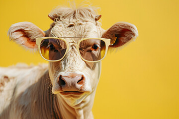 Cow with sunglasses on a yellow background. Studio animal portrait with copy space. Summer vibes and fashion concept for design and advertisement