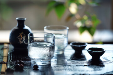 Shochu drink. The image of sake. Japanese shochu.  - obrazy, fototapety, plakaty