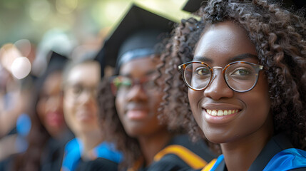 Portrait of a female graduate standing with a diploma in hand in a row with classmates and looking at the camera, ai generated - obrazy, fototapety, plakaty