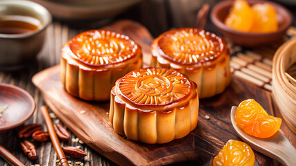 Traditional Chinese  dessert. Homemade baked mooncakes filled with nuts and dried fruits, Chinese Mid-Autumn Festival food.
