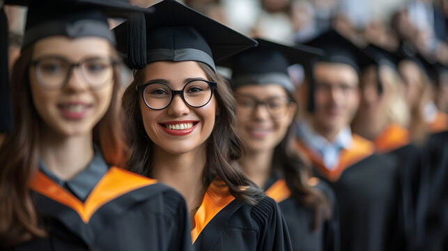 Portrait of a female graduate standing with a diploma in hand in a row with classmates and looking at the camera, ai generated
