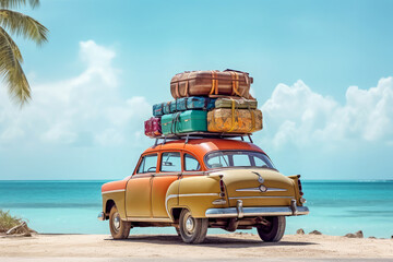 vintage car with beach on background - obrazy, fototapety, plakaty
