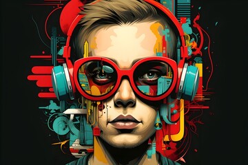 Futuristic Hipster Boy A Stylish Vector Art Illustration with Red Glasses and Headphones