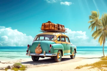 Foto op Canvas vintage car with beach on background © Tidarat