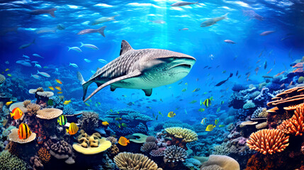 Fototapeta na wymiar fishs under water on background